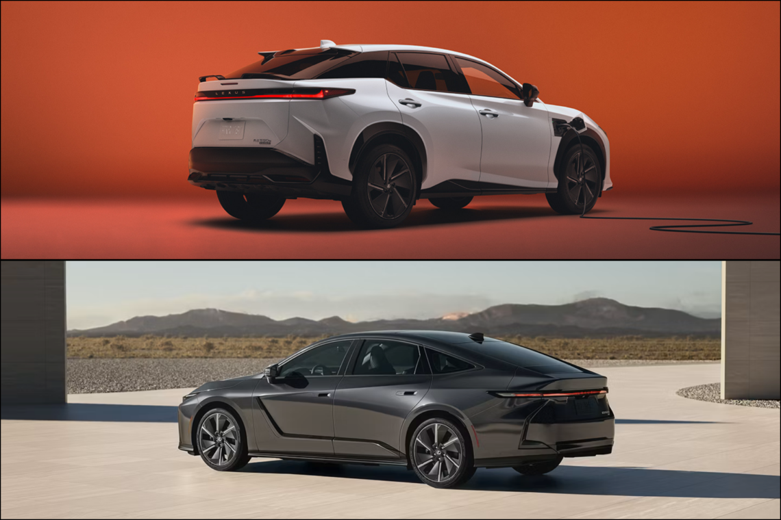 Collage image: Lexus RZ electric SUV, Lexus ES electric sedan.